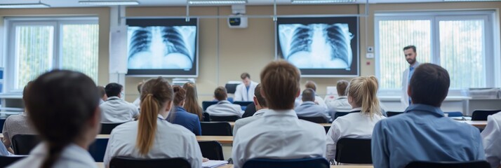 medical students attentively listen to a lecture in a classroom with chest x-rays displayed on large