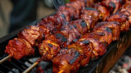 Canvas Print - Close up view of smoked skewered large pork pieces