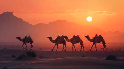 Wall Mural -  four camels walking in the desert at sunset