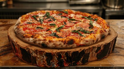 Canvas Print - Pizza displayed on a wooden backdrop in a food presentation