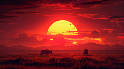 Wall Mural - wild buffalo sunset in nature red background 