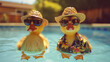 Ducks dressed in a Hawaiian shirt, beach shorts, hat, sunglasses Paddling in inflatable kiddie pool