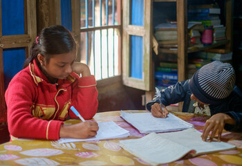 South asian rural siblings writing in notebook, students studying at home 