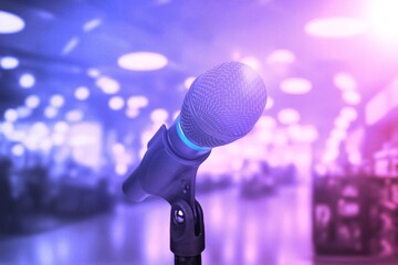 Sticker - Professional vintage retro microphone on bright concert stage