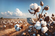 ©  ccitypictures - Cotton balls are prominently displayed on the plant in the foreground, with a vast field of cotton stretching out towards the horizon.