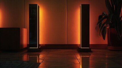 Wall Mural - A pair of charging docks illuminated in a dimly lit room, awaiting devices for replenishing power.