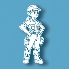 A young female electrician illustration style sticker with white outline on a solid electric blue background without any shadow or gradient.