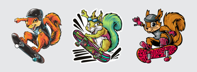 Sticker - Vector set of squirrel skateboard tricks, Generative AI