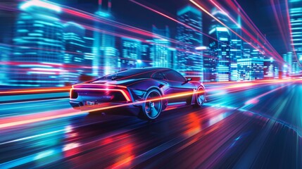 Poster - Abstract speed Business Start up launching product with Electric car and city concept Hi-tech communication concept innovation background. hyper realistic 