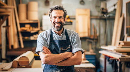 Wall Mural - A portrait of smiling male carpenter standing in front of his woodwork workshop