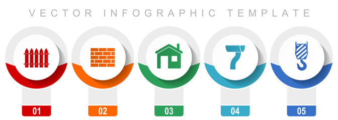 Aufkleber - Home building icon set, miscellaneous vector icons such as fence, brick wall, home, gutter and crane hook, modern design infographic template, web buttons in 5 color options