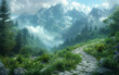 A beautiful road in the mountains, the human being walks, a beautiful road between the garden, green grass