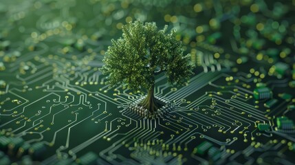 Poster - tree growing on the converging point of computer circuit board. green computing, green technology, g
