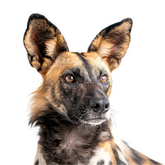 Wall Mural - A detailed view of an African wild dog against a plain white backdrop, a african wild dog isolated on transparent background