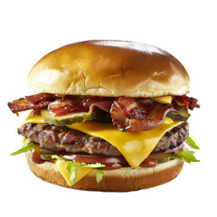 A burger topped with crispy bacon and fresh lettuce on a clean Png background, a Beaver Isolated on a whitePNG Background