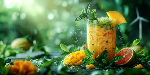 Refreshing mango cocktail garnished with a slice of mango and basil leaves, perfect for summer advertisements.