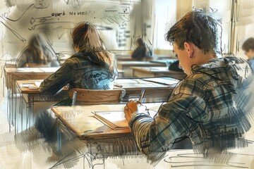 Poster - A man sitting at a desk writing on a piece of paper. Suitable for office, business, and education concepts