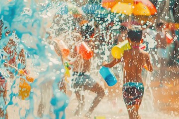 Poster - Children having fun in the water with colorful umbrellas. Great for summer-themed designs
