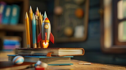 Poster - Stack of books with pencils on top, ideal for educational concepts
