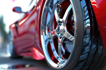 Poster - Detailed close up shot of a red sports car tire. Ideal for automotive industry promotions