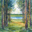 A field in the middle of a forest with a lake, summer time, trees larch, painted in watercolor