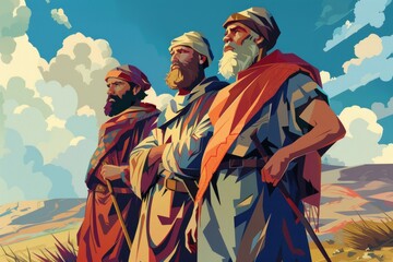 Wall Mural - A painting of three men standing side by side. Suitable for business or teamwork concepts