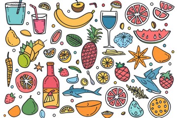 Poster - Assorted fruits and beverages on a clean white backdrop, ideal for food and drink concepts