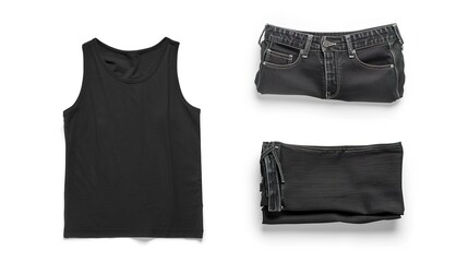 Wall Mural - Black tank top and folded denim pants isolated on white background Generate AI