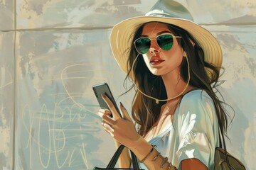 Poster - A woman in a hat and sunglasses looking at her cell phone. Suitable for technology and lifestyle concepts