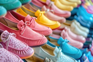 Poster - Brightly colored children's shoes lined up neatly. Ideal for back-to-school or children's fashion concepts