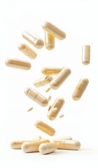 beige capsules, pills falling and scattering on white background . medicine