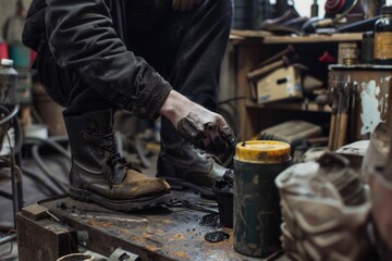 Poster - A man is seen working on a piece of metal. Suitable for industrial and construction concepts