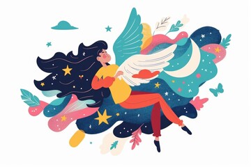 Poster - A woman flying through the air with a star in her hand. Ideal for fantasy or inspirational designs