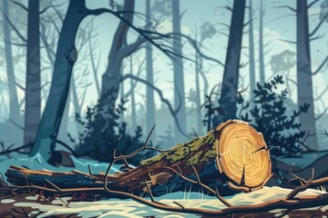 Poster - A tree stump in the middle of a snowy forest. Suitable for winter themed designs
