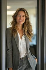 Wall Mural - A professional woman in a business suit smiling for the camera. Suitable for corporate presentations