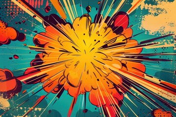 Poster - Cartoon explosion with blue sky background, suitable for comic illustrations