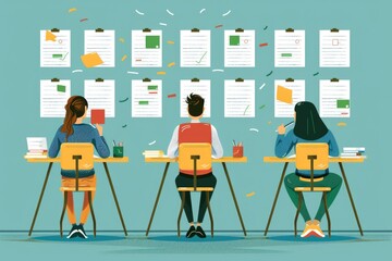Poster - Group of people sitting at desks in front of a calendar. Suitable for office, business, planning concepts