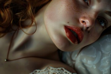 Poster - A close up of a woman laying on a bed. Suitable for lifestyle and wellness concepts