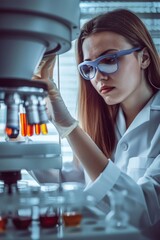 Aufkleber - A woman in a lab coat examining something through a microscope. Suitable for scientific and research concepts