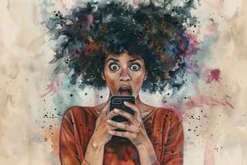 Poster - A realistic painting of a woman holding a cell phone. Ideal for technology or communication concepts