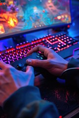 Poster - A person engrossed in playing a video game on a laptop. Ideal for technology or gaming concepts