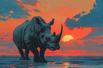 Poster - A majestic rhino standing in the water, suitable for various projects
