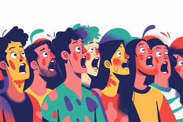 Poster - Group of people in a line with mouths open, suitable for presentations or team communication concepts
