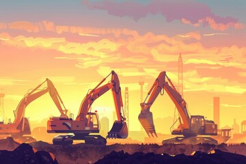 Poster - Group of construction equipment on top of a dirt pile, suitable for construction industry projects