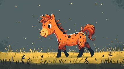 Wall Mural - A cartoon horse is running through a field of yellow flowers