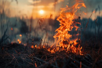 Poster - A striking image of a fire burning in the middle of a field at sunset. Perfect for illustrating concepts of danger and destruction