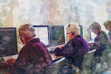 Poster - A group of people sitting together at a computer desk. Ideal for business or teamwork concepts
