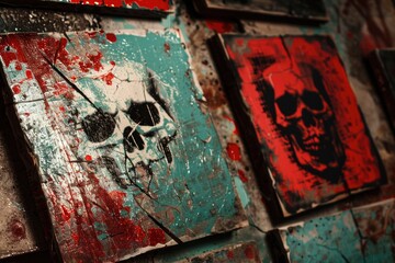 Poster - Collection of paintings on a wall with a skull decoration. Suitable for art gallery concepts