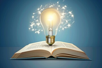 Poster - A glowing light bulb on top of an open book, perfect for educational concepts