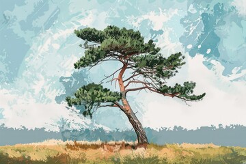 Aufkleber - A serene painting of a solitary tree in a vast field. Ideal for nature-themed designs
